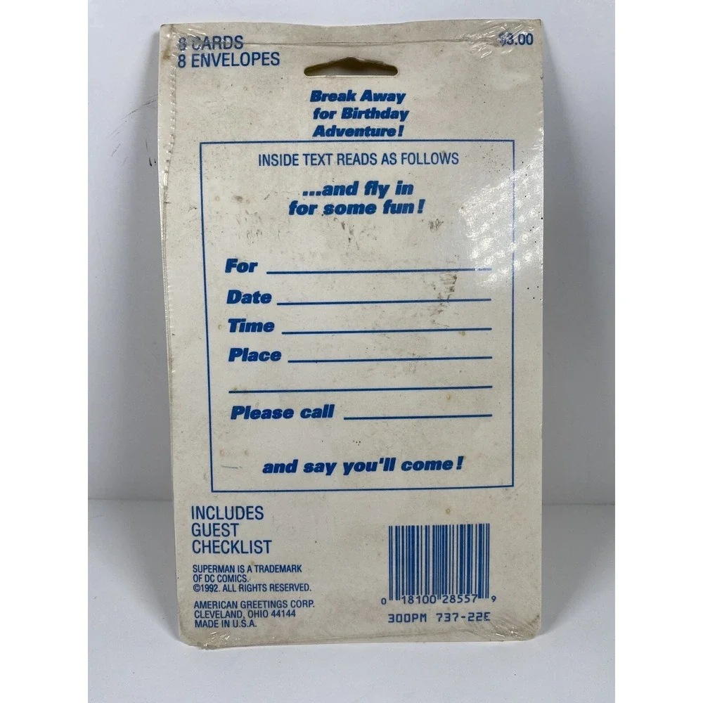 Vtg 1992 SUPERMAN Birthday 8 Invitations Envelopes Man‎ of Steel Party Cards NOS